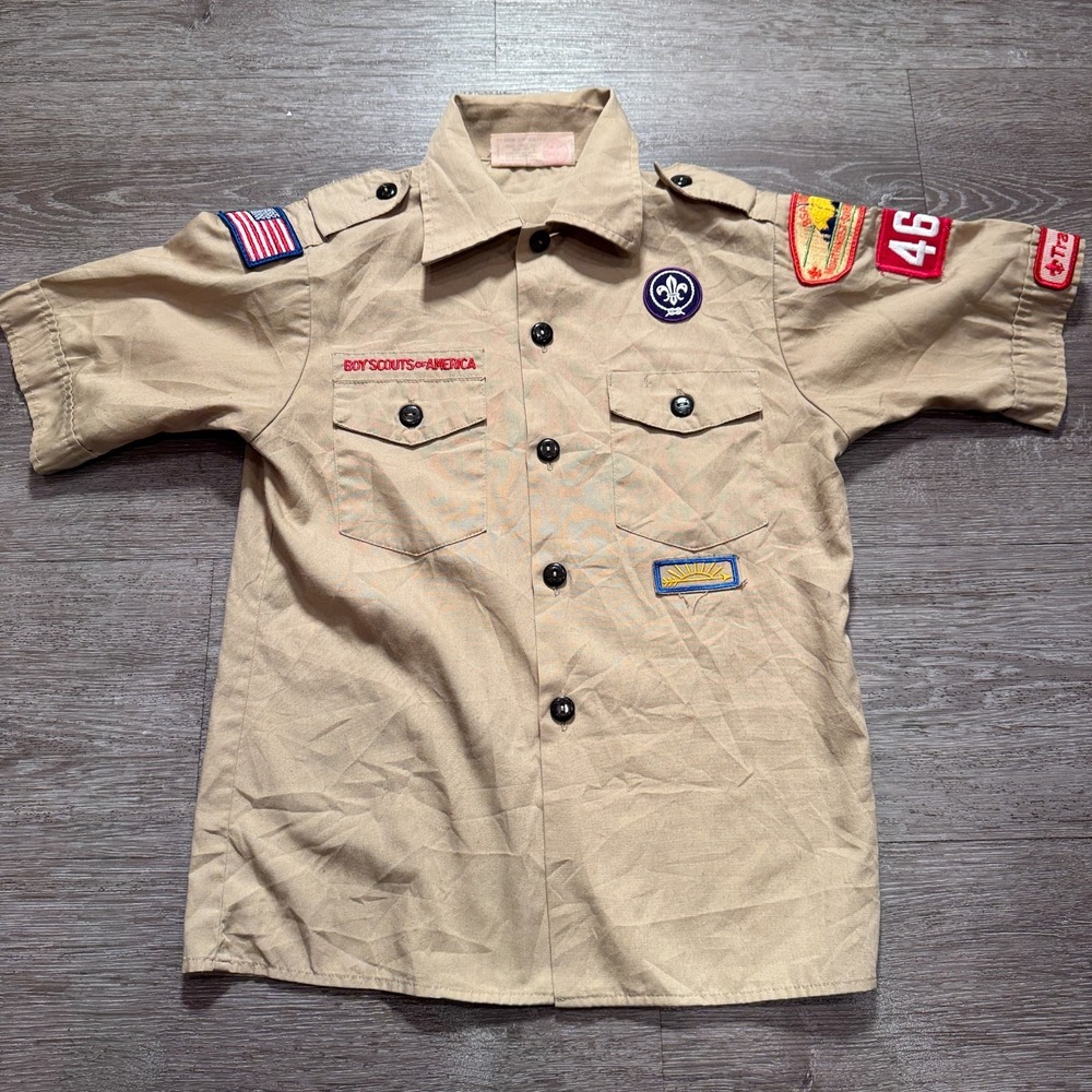 Boy‎ Scouts of America Shirt Boys Medium Beige Button Up 10-12 Cotton USA Made